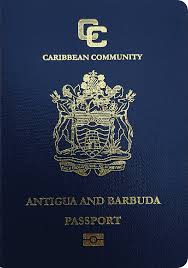 blue cover passport of Antigua & Barbuda with coat of arms in gold