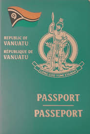Vanuatu passport with a green cover and gold leaf symbol